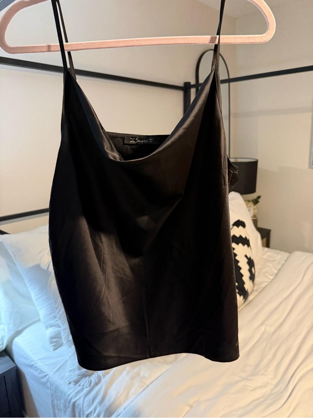 Simplee Black Satin Cowl Neck Spaghetti Strap Cami Top XL